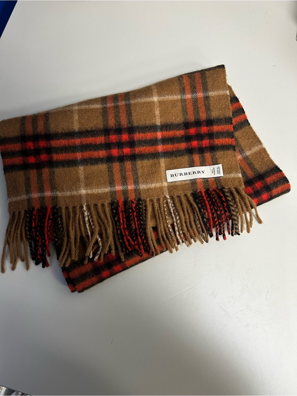 Burberry Camel Plaid Cashmere Scarf with Red and Black Accents